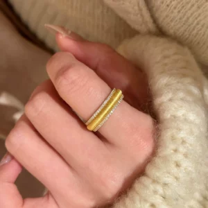 Gold Tone Brushed Open Ring with Row of Crystals for Women