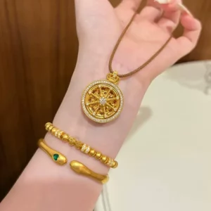 Gold-Tone Openwork Carriage Compass Pendant Necklace for Women