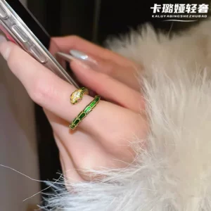 Green & White Snake Enamel Ring, Gold Plated Copper Alloy Fashion Jewelry