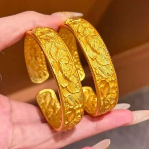 Gold-Tone Floral Engraved Bangle Bracelet, Vintage Chinese Wedding Style