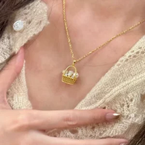 Gold Tone Pearl Flower Basket Pendant Necklace for Women