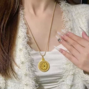 Gold Tone Luopan Compass Pendant Necklace for Women