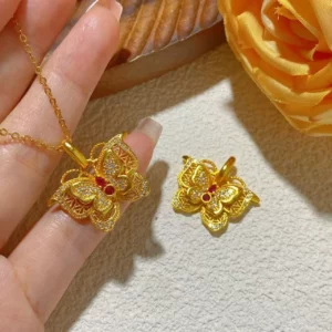 Gold Plated Butterfly Flower Pendant Necklace for Women