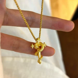 Gold Tone Snake Scepter Cross Pendant Necklace for Women