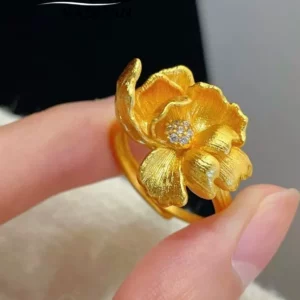 Gold-Tone Floral Ring with Brushed Finish and Crystal Accents
