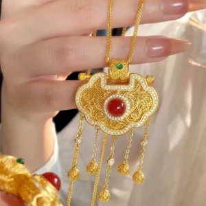 Gold-Tone Dragon & Phoenix Tassel Lock Pendant Necklace for Women