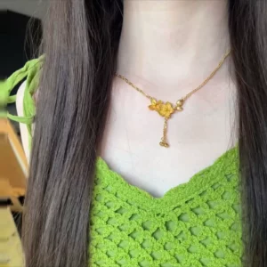 Gold Plated Double Flower Tassel Pendant Necklace, Layered Dangle Charm