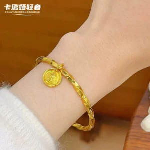 Gold-Tone Copper Alloy Bangle with Yellow Wealth God Motif, Openwork Design