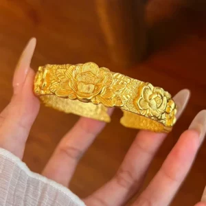 Gold-Tone Peony Flower Cuff Bangle for Women, Palace Style