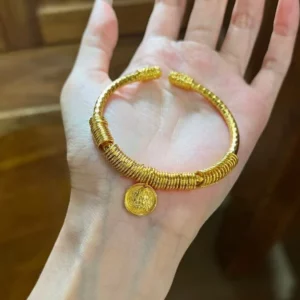 Gold-Tone Open Bangle with Wealth Deity Motif, Women's Fashion Jewelry