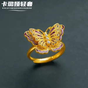 Gold-Tone Enamel Butterfly Ring with Ornate Design, Adjustable Women's Fashion Jewelry