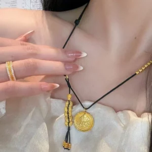 Gold Tone Fortune God Five Emperor Coins Pendant Necklace