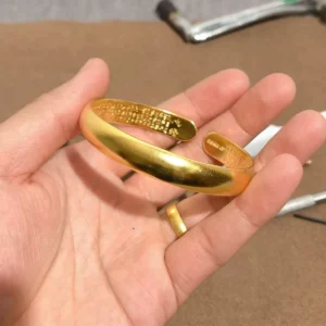 Gold Plated Wide Cuff Bangle with Heart Sutra Engraving for Women