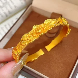 Gold-Toned Alloy Open Bangle with Peony Flower Design for Women