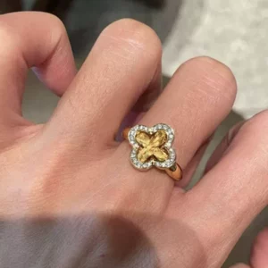 Gold-Tone Four-Leaf Flower Ring with Vine Design for Women