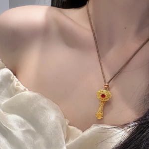 Gold Plated Peace & Ruyi Pendant Necklace with Crystal Accents