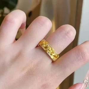 Gold-Tone Wheat Design Ring with Brushed Finish and Crystal Accents, Open Adjustable