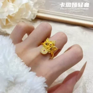 Gold-Tone Enamel Pixiu Ring, Adjustable Open Design, Fortune Charm Ring