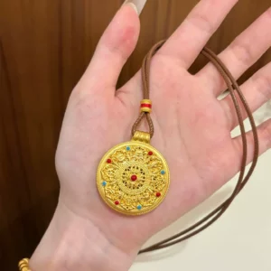 Gold-Tone Enamel Luopan Compass Pendant Necklace for Women