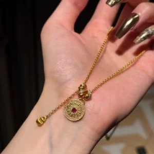 Gold-Tone Copper Alloy Eight Treasures Luopan Compass Pendant Necklace for Women