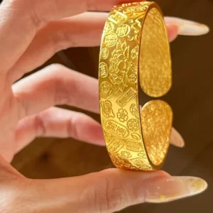 Gold-Tone Wide Lotus Motif Blessing Bangle for Women