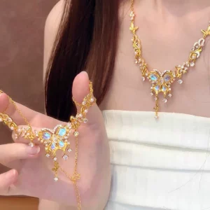 Gold-Tone Butterfly Tassel Necklace for Women, Fashion Layered Choker