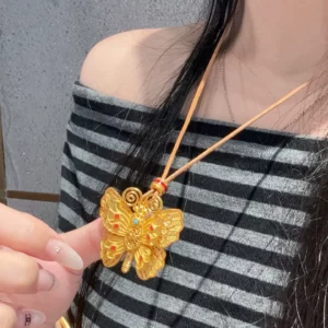 Gold Plated Butterfly Pendant Necklace for Women, Hollow Design