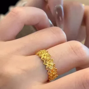 Gold-Tone Openwork Flower Ring for Women, Fashion Daily Wear