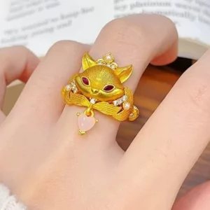 Gold-Tone Fox Ring with Crystal Accents, Nine-Tailed Fox Motif