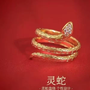 Gold Plated Snake Ring for Women, Open Adjustable Serpent Tail Design