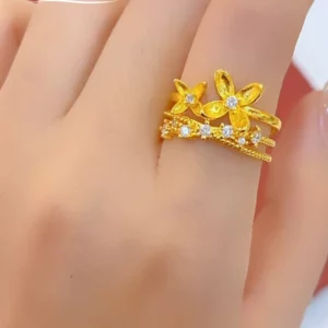 Gold Plated Floral Filigree Open Ring with Crystals, Women's Fashion Jewelry