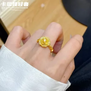 Gold-Tone Floral Ring with Crystal Accents for Women