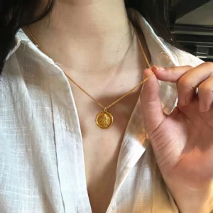 Gold Plated Fortune God Medallion Pendant Necklace for Women