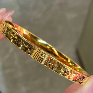 Gold Plated Fashion Bangle Bracelet for Women, Chunky Ice-Crackle Design