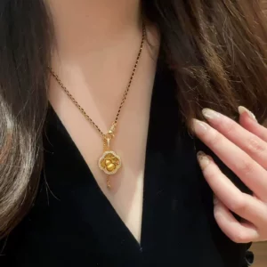 Gold Plated Four Leaf Clover & Gourd Pendant Necklace, Sparkling Crystal Accent, Women's Fashion Jewelry