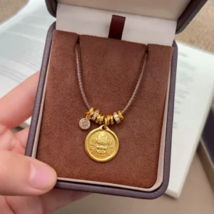 Gold-Tone Alloy Wealth God Round Pendant Necklace, Chinese New Style Charm for Women