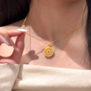 Gold-Tone Rose Window Pendant Necklace, Rotating Design, Women's Fashion Jewelry