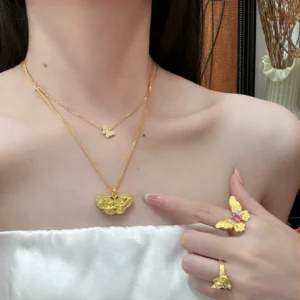 Gold-Tone Butterfly Ruyi Pendant Necklace for Women
