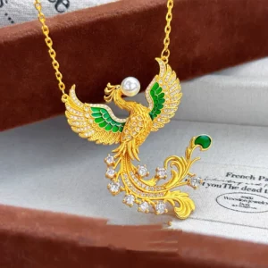 Gold-Tone Phoenix Pendant Necklace for Women, New Chinese Style