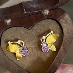 Gold-Tone Butterfly Amethyst Earrings for Women, Fashion Alloy Jewelry