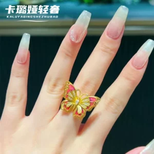 Gold Plated Butterfly Ring for Women, Open Adjustable Enamel Band
