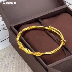 Gold Plated Twisted Rope Slip-On Bangle Bracelet, Adjustable Open Design