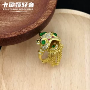 Chinese Style Lion Head Ring for Women, Gold Plated Open Ring