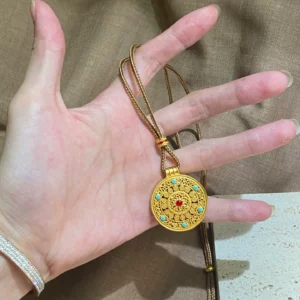 Chinese Style Compass Pendant Necklace with Red and Blue Beads