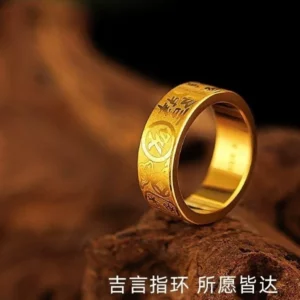 Vintage Gold-Tone Couple Ring Set with Blessing Motif, Unisex Adjustable Fit