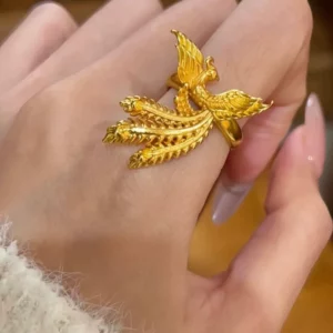 Gold-Tone Adjustable Phoenix Ring for Women Chinese Wedding Style