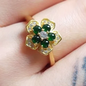 Gold-Tone Five-Petal Flower Ring with Green Crystal Accents