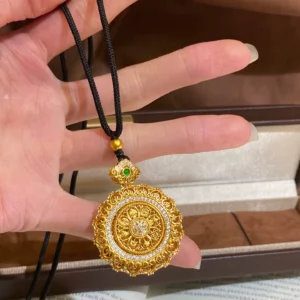 Gold-Tone Filigree Luopan Compass Pendant Necklace, Women's Layered Chain