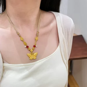 Gold Plated Butterfly Pendant Necklace for Women, Vintage Engraved Design