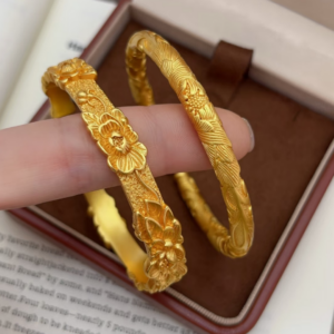 Gold-Tone Engraved Peony Open Bangle Bracelet for Women, Vintage Style